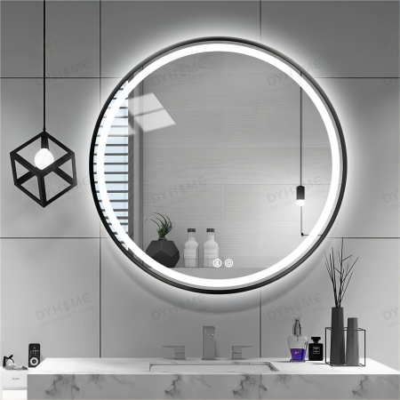 Oglinda LED DY016N, Rotunda 70cm, Intrerupator Touch Si Dezaburire, 3 Tipuri De Lumina Si Dimabila, Rama din Aluminiu Negru [2]