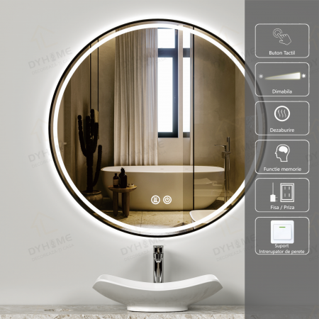 Oglinzi LED Rotunde - Oglinda LED DY016N, Rotunda 70cm, Intrerupator Touch Si Dezaburire, 3 Tipuri De Lumina Si Dimabila, Rama din Aluminiu Negru