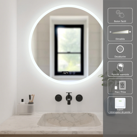Oglinda LED DY017, Rotunda 80cm,  Intrerupator Touch, Dezaburire si Ceas, 3 Tipuri De Lumina Si Dimabila, Margine Mata [1]