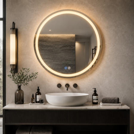 Oglinda LED DY018, Rotunda 60cm, Intrerupator Touch Si Dezaburire, 3 Tipuri De Lumina Si Dimabila, Margine Mata [4]
