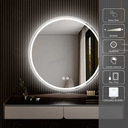 Oglinzi LED Rotunde - Oglinda LED DY018, Rotunda 60cm, Intrerupator Touch Si Dezaburire, 3 Tipuri De Lumina Si Dimabila, Margine Mata