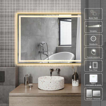 Oglinzi LED Dreptunghiulare - Oglinda LED DY033A, 80x60, Intrerupator Touch Si Dezaburire , 3 Tipuri De Lumina Si Dimabila, Rama din Aluminiu Auriu