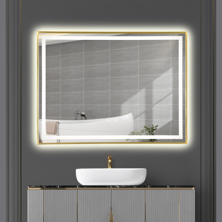 Oglinda LED DY033A, 80x60, Intrerupator Touch Si Dezaburire , 3 Tipuri De Lumina Si Dimabila, Rama din Aluminiu Auriu [2]
