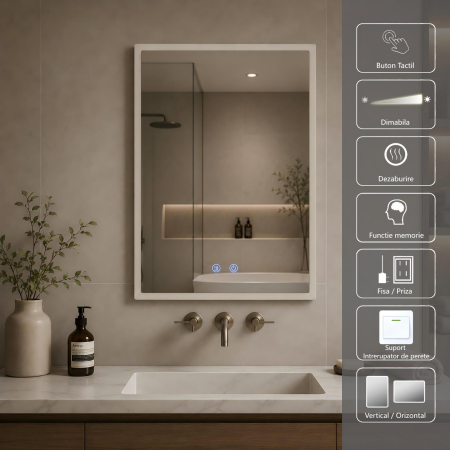 Oglinda LED DY035, 60x80, Intrerupator Touch Si Dezaburire, 3 Tipuri De Lumina Si Dimabila, Margine Mata [2]