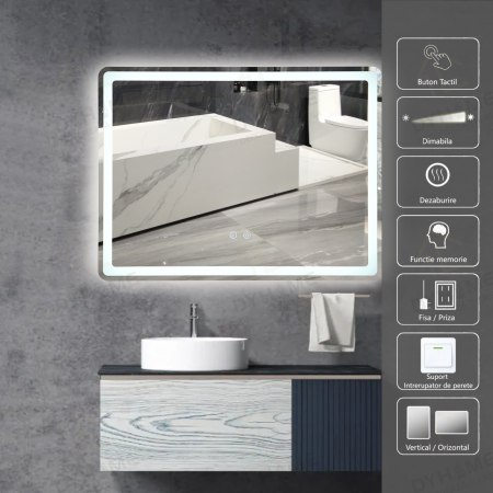Oglinzi LED Dreptunghiulare - Oglinda LED DY037Y, 80x60, Intrerupator Touch Si Dezaburire, 3 Tipuri De Lumina Si Dimabila, Margine Mata