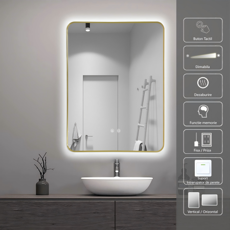 Oglinda LED DY041, 60x80, Intrerupator Touch Si Dezaburire, 3 Tipuri De Lumina Si Dimabila, Rama din Aluminiu Auriu [1]