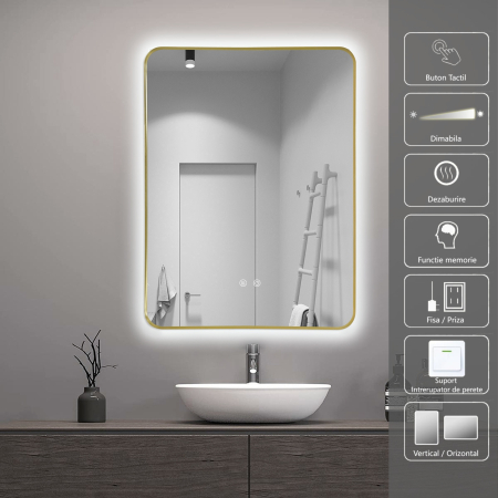 Oglinda LED DY041, 60x80, Intrerupator Touch Si Dezaburire, 3 Tipuri De Lumina Si Dimabila, Rama din Aluminiu Auriu [4]