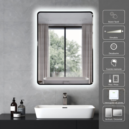 Oglinda LED DY041N, 60x80, Intrerupator Touch Si Dezaburire, 3 Tipuri De Lumina Si Dimabila, Rama din Aluminiu Negru [1]
