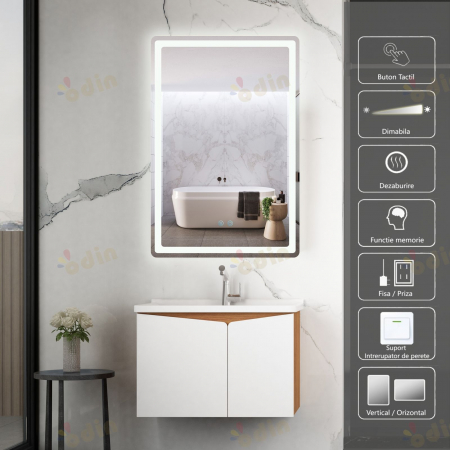 Oglinzi LED Dreptunghiulare - Oglinda LED DY057-100, 60x90, Intrerupator Touch Si Dezaburire, 3 Tipuri De Lumina Si Dimabila, Margine Mata