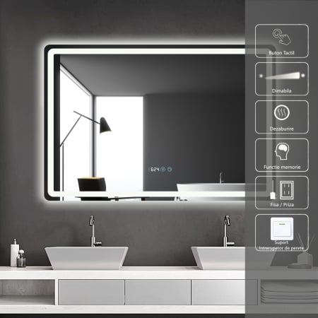 Oglinda LED DY058-100, 120x80, Intrerupator Touch, Dezaburire si Ceas, 3 Tipuri De Lumina Si Dimabila, Margine Mata [1]
