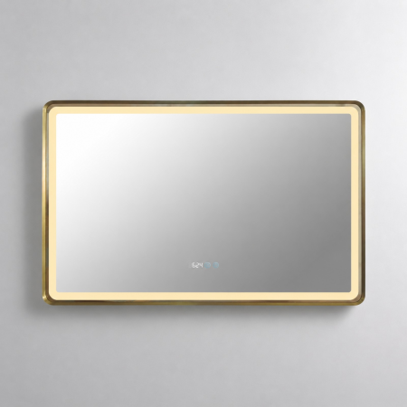 Oglinzi LED Dreptunghiulare - Oglinda LED DY058-101A, 110x70, Intrerupator Touch, Dezaburire si Ceas , 3 Tipuri De Lumina Si Dimabila, Rama din Aluminiu Auriu