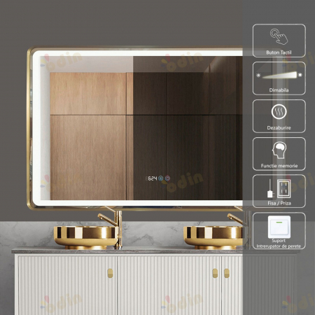 Oglinzi LED Dreptunghiulare - Oglinda LED DY058-101A, 110x70, Intrerupator Touch, Dezaburire si Ceas , 3 Tipuri De Lumina Si Dimabila, Rama din Aluminiu Auriu
