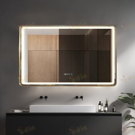 Oglinda LED DY058-101A, 110x70, Intrerupator Touch, Dezaburire si Ceas , 3 Tipuri De Lumina Si Dimabila, Rama din Aluminiu Auriu [3]