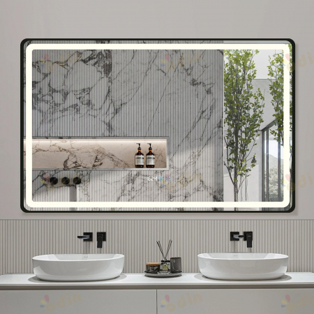 Oglinda LED DY058-101A, 110x70, Intrerupator Touch, Dezaburire si Ceas , 3 Tipuri De Lumina Si Dimabila, Rama din Aluminiu Negru [3]