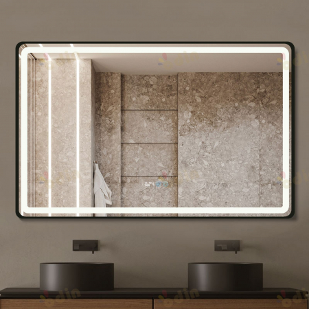 Oglinda LED DY058-101A, 110x70, Intrerupator Touch, Dezaburire si Ceas , 3 Tipuri De Lumina Si Dimabila, Rama din Aluminiu Negru [1]