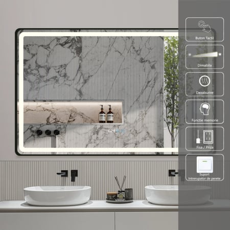 Oglinda LED DY058-101N, 110x70, Intrerupator Touch, Dezaburire si Ceas , 3 Tipuri De Lumina Si Dimabila, Rama din Aluminiu Negru [1]