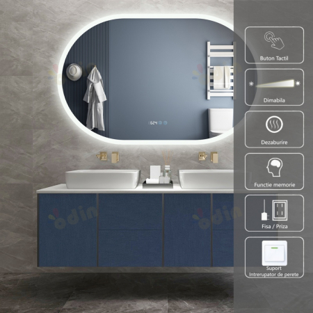 Oglinzi LED Dreptunghiulare - Oglinda LED DY058-105, 110x70, Intrerupator Touch, Dezaburire si Ceas , 3 Tipuri De Lumina Si Dimabila, Margine Mata