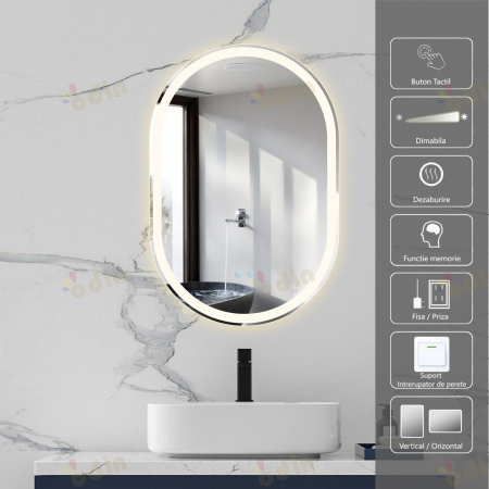 Oglinzi LED Dreptunghiulare - Oglinda LED DY061-100, 60x90, Intrerupator Touch Si Dezaburire, 3 Tipuri De Lumina Si Dimabila, Margine Mata