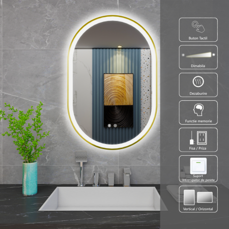 Oglinda LED DY061-100G, 60x90, Intrerupator Touch Si Dezaburire, 3 Tipuri De Lumina Si Dimabila, Rama Auriu [1]