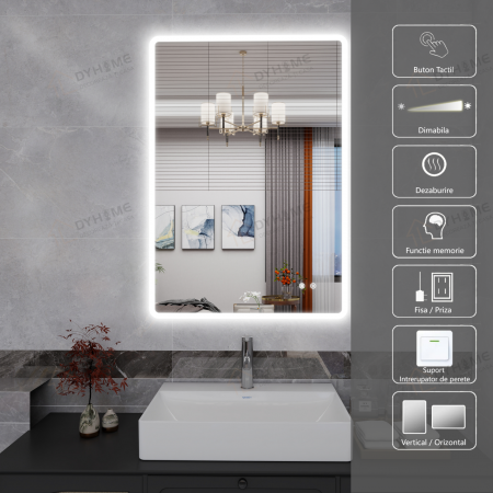 Oglinzi LED Dreptunghiulare - Oglinda LED DY22012-1, 70x100, Orizontal / Vertical, Intrerupator Touch Si Dezaburire, 3 Tipuri De Lumina Si Dimabila, Margine Mata