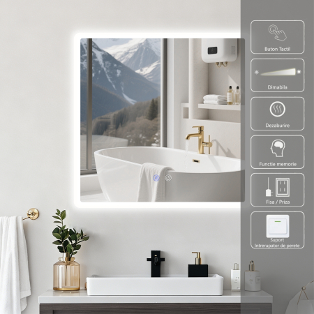 Oglinzi LED - Oglinda LED DY22018-1, Pătrat 70x70, Intrerupator Touch Si Dezaburire, 3 Tipuri De Lumina Si Dimabila, Margine Mata