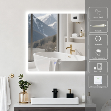Oglinda LED DY22018-1, Pătrat 70x70, Intrerupator Touch Si Dezaburire, 3 Tipuri De Lumina Si Dimabila, Margine Mata [1]