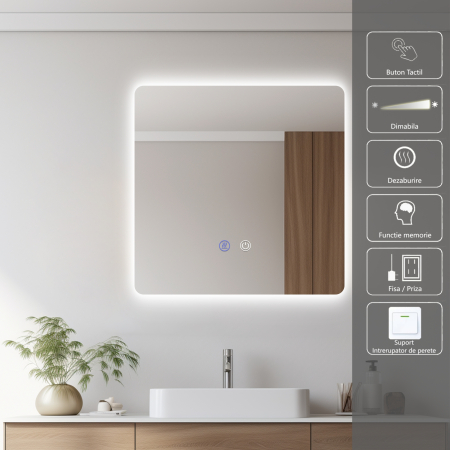 Oglinzi LED Dreptunghiulare - Oglinda LED DY22018-2, Pătrat 70x70, Intrerupator Touch Si Dezaburire, 3 Tipuri De Lumina Si Dimabila