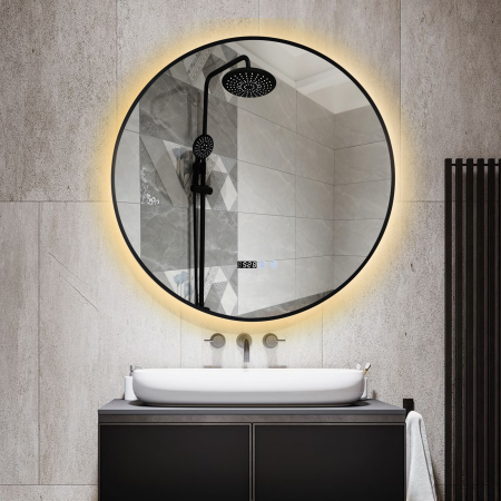 Oglinda LED DY22019-1N, Rotunda 80cm, Intrerupator Touch, Dezaburire si Ceas, 3 Tipuri De Lumina Si Dimabila, Rama din Aluminiu Negru [3]
