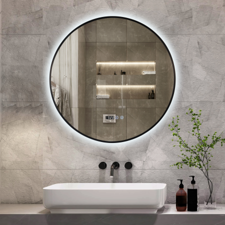 Oglinda LED DY22019-1N, Rotunda 80cm, Intrerupator Touch, Dezaburire si Ceas, 3 Tipuri De Lumina Si Dimabila, Rama din Aluminiu Negru [4]