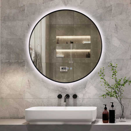 Oglinda LED DY22019-1N, Rotunda 80cm, Intrerupator Touch, Dezaburire si Ceas, 3 Tipuri De Lumina Si Dimabila, Rama din Aluminiu Negru [2]