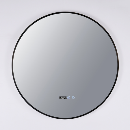 Oglinzi LED Rotunde - Oglinda LED DY22019-1N, Rotunda 80cm, Intrerupator Touch, Dezaburire si Ceas, 3 Tipuri De Lumina Si Dimabila, Rama din Aluminiu Negru