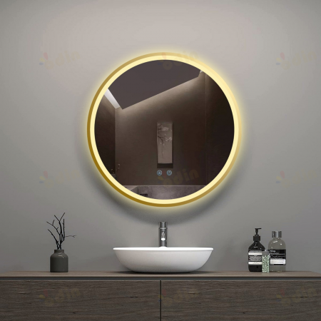 Oglinda LED DY22021-5, Rotunda 60cm, Intrerupator Touch Si Dezaburire, 3 Tipuri De Lumina Si Dimabila, Rama Auriu [3]