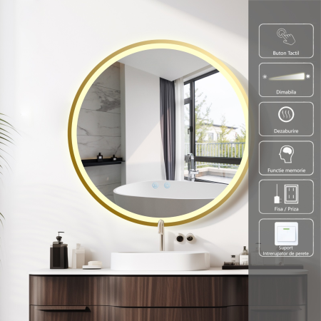 Oglinda LED DY22021-5, Rotunda 60cm, Intrerupator Touch Si Dezaburire, 3 Tipuri De Lumina Si Dimabila, Rama Auriu [1]