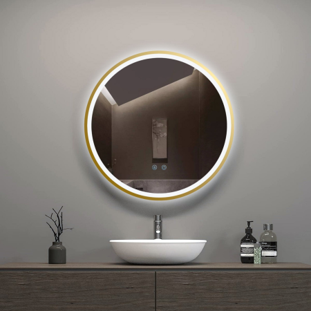 Oglinda LED DY22021-5, Rotunda 60cm, Intrerupator Touch Si Dezaburire, 3 Tipuri De Lumina Si Dimabila, Rama Auriu [4]