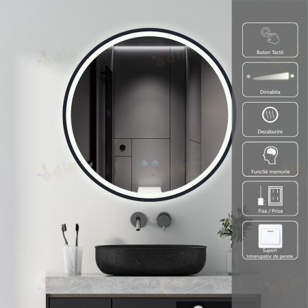 Oglinzi LED Rotunde - Oglinda LED DY22021-6, Rotunda 60cm, Intrerupator Touch Si Dezaburire, 3 Tipuri De Lumina Si Dimabila, Rama Negru