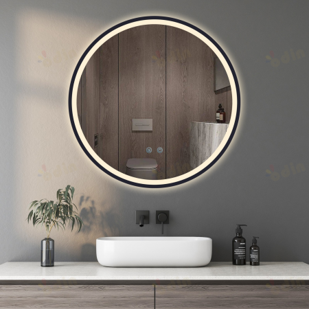 Oglinda LED DY22021-6, Rotunda 60cm, Intrerupator Touch Si Dezaburire, 3 Tipuri De Lumina Si Dimabila, Rama Negru [3]