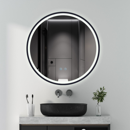 Oglinda LED DY22021-6, Rotunda 60cm, Intrerupator Touch Si Dezaburire, 3 Tipuri De Lumina Si Dimabila, Rama Negru [2]