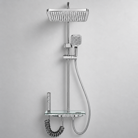 Obiecte Sanitare - Set duș cu coloană Odin, cap ploaie dreptunghiular 30x20cm, alamă, 4 funcții, capac din sticlă și iluminare LED, montaj perete, ODY98