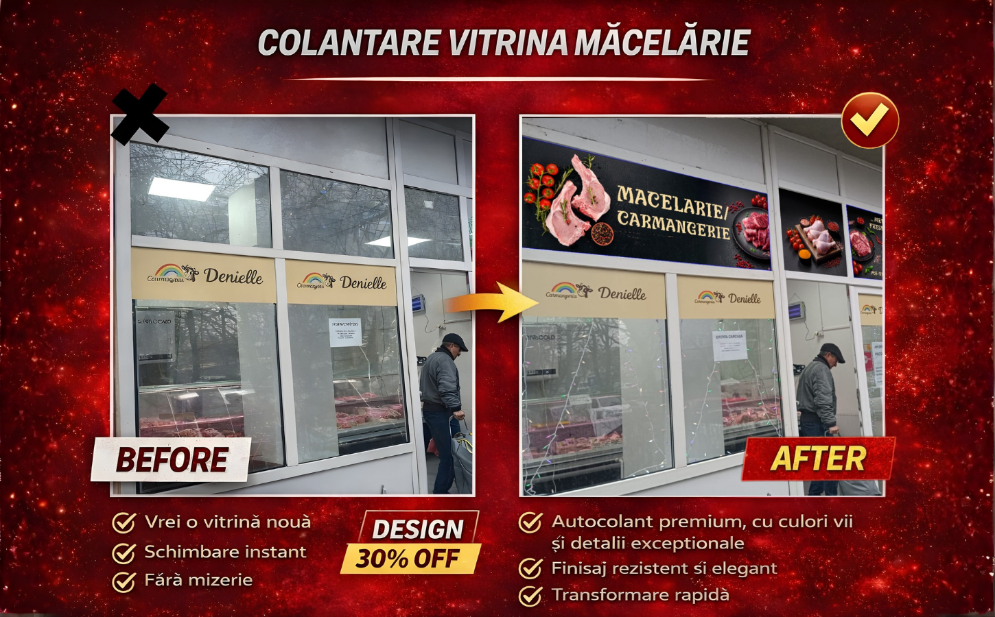 Colantare vitrine măcelărie – transformare vizibilă, impact imediat