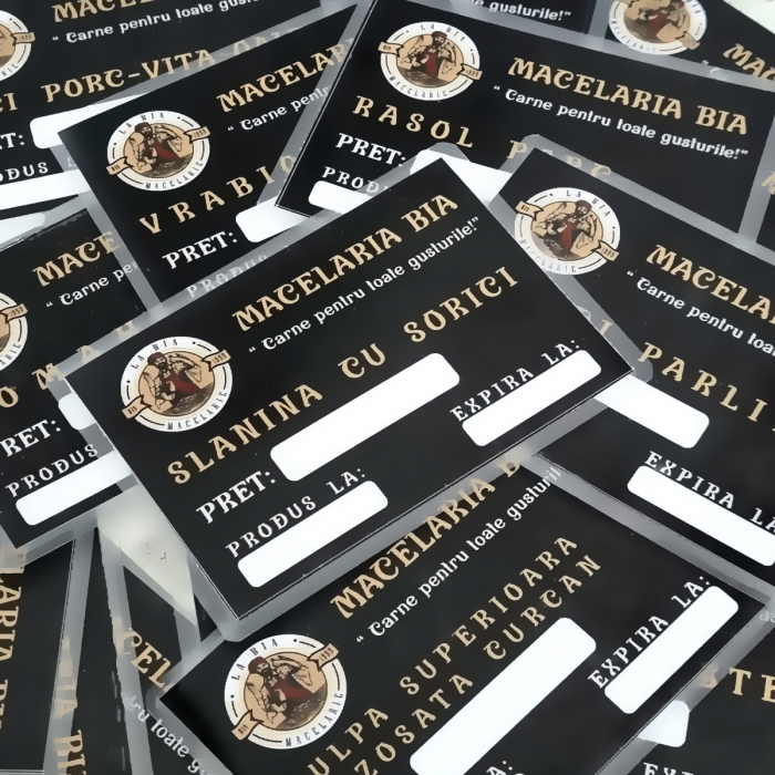 ETICHETE DE PRET  Macelarie (laminate + suport plastic) special pentru a fi expuse in vitrine la mezeluri, preparate carne. [2]