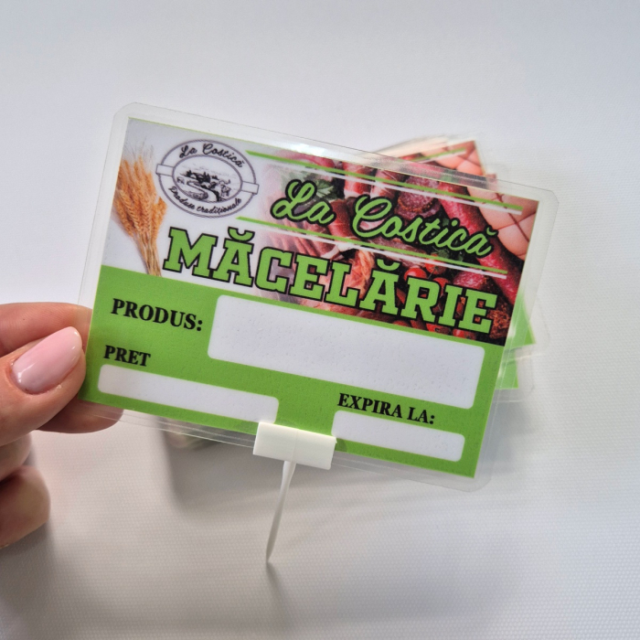 ETICHETE DE PRET  Macelarie (laminate + suport plastic) special pentru a fi expuse in vitrine la mezeluri, preparate carne. [3]