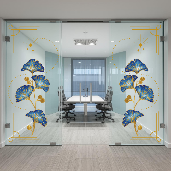 Folie cu motive florale aurii și albastre – design elegant pentru birouri moderne [1]
