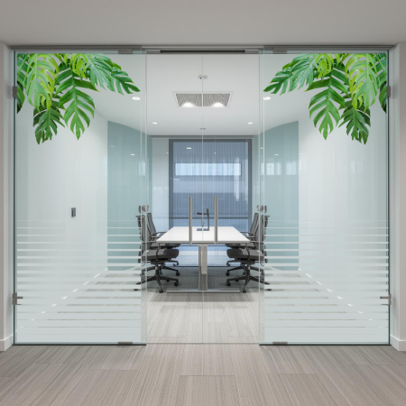 Office Elixir Capsule - Colantare panouri sticlă cu dungi sablate și frunze tropicale