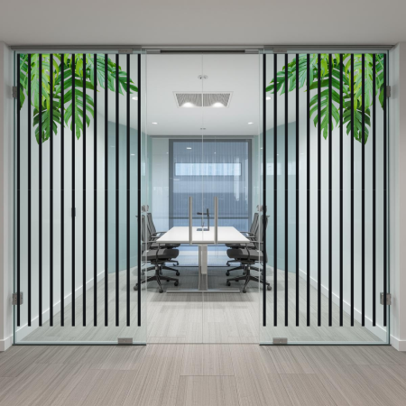Office Elixir Capsule - Colantare panouri sticlă cu dungi verticale negre și frunze tropicale