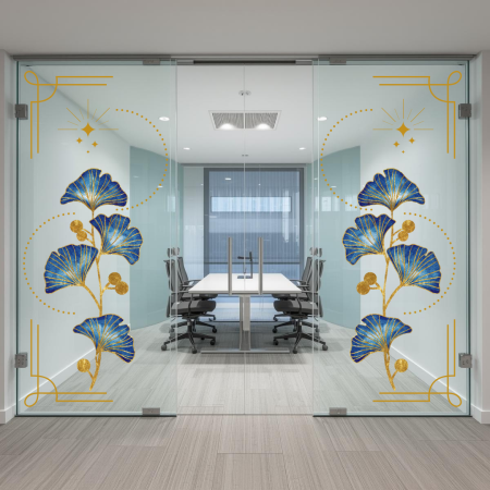 Office Elixir Capsule - Folie cu motive florale aurii și albastre – design elegant pentru birouri moderne