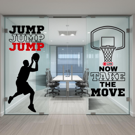 Office Elixir Capsule - Colantare panouri sticlă cu baschet și mesaj motivațional – Jump & Take the Move