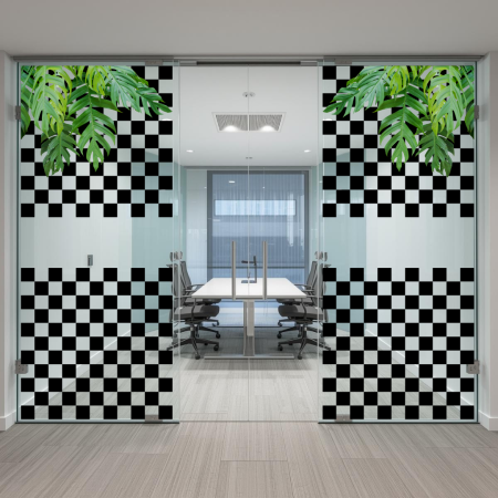 Office Elixir Capsule - Colantare panouri sticlă cu model pătrate alb-negru și frunze tropicale