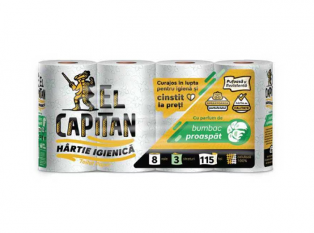 Produse de curatenie - Hartie igienica parfumata El Capitan bumbac proaspat trei straturi alba, decor 8 role