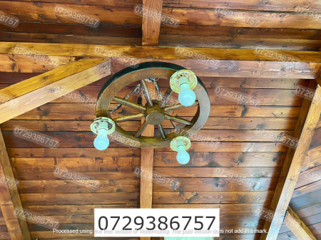 Lustra rustica din lemn 50 cm 3 dulii e27 cu abajur  castron ceramic [1]