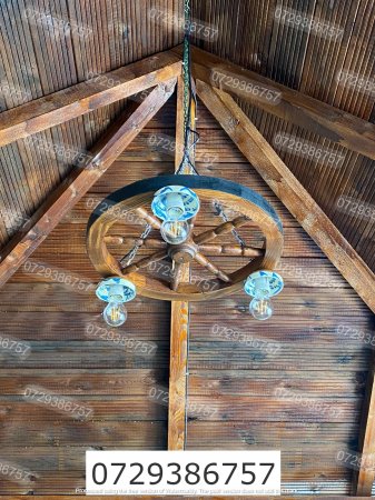 Lustra rustica din lemn 50 cm 3 dulii e27 cu abajur  castron ceramic [2]